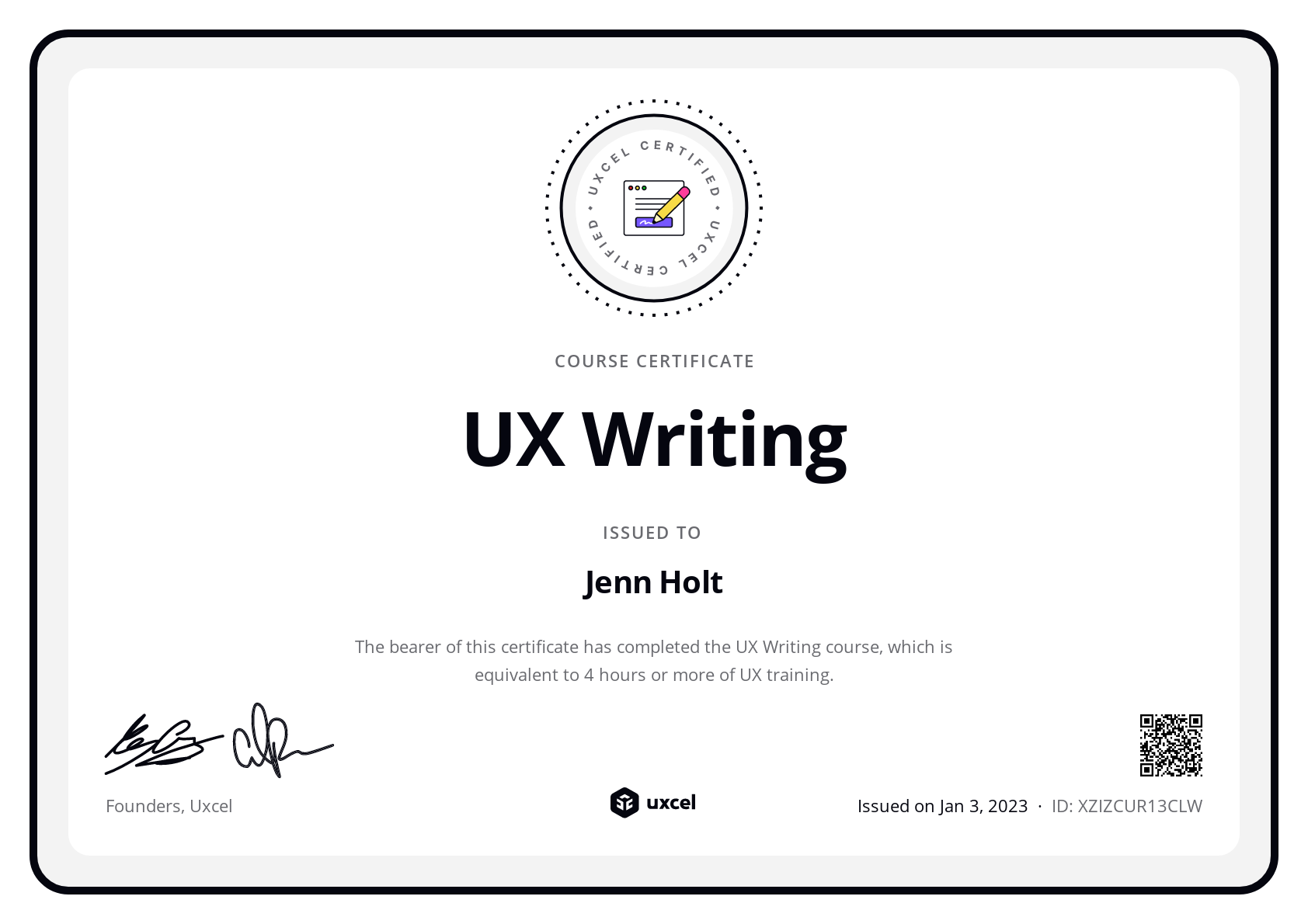 Jenn Holt's certificate